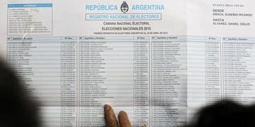 BUENOS AIRES (ARGENTINA) 22/11/2015\u002E- Listado con el registro nacional de electores en un colegio electoral en Buenos Aires hoy, 22 de noviembre de 2015\u002E Los colegios electorales de Argentina abrieron hoy para que los ciudadanos voten a su presidente para los próximos cuatro años en una inédita segunda vuelta\u002ELos centros de votación abrieron a las 08\u002E00 horas locales (11\u002E00 GMT) y cerrarán a las 18\u002E00 (21\u002E00 GMT)\u002E Tras la primera vuelta del pasado 25 de octubre, unos 32 millones de argentinos están convocados a las urnas para elegir entre el conservador Mauricio Macri, candidato de la coalición opositora Cambiemos y favorito en los sondeos, y el peronista Daniel Scioli, del gobernante Frente para la Victoria\u002E EFE/David Fernández buenos aires dia de elecciones festejo cambiemos eleccion presidente segunda vuelta balotaje gente mirando padrones votantes voto