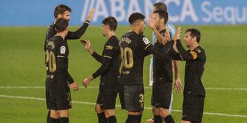 Barcelona players celebrate their victory after the Spanish La Liga soccer match between RC Celta and FC Barcelona in Vigo, Spain, Thursday, Oct\u002E 1, 2020\u002E (AP Photo/Lalo Villar)