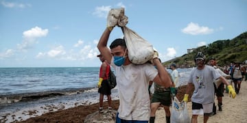 Soldados del Ejército brasileño y voluntarios retiran el petroleo derramado en la playa de Itapuama este martes en el municipio de Cabo de Santo Agostinho en el estado de Pernambuco (Brasil)\u002E Crédito: EFE/BRENDA ALCÂNTARA\u002E