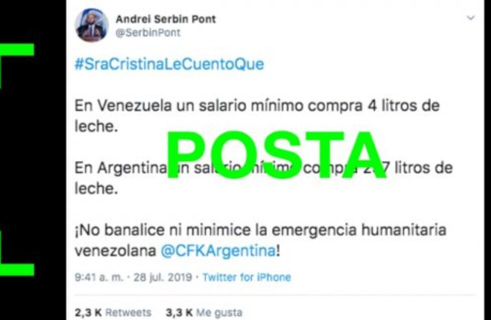 Es verdadero el tuit que señala que en Venezuela con un salario mínimo se compran 4 litros de leche y en Argentina, 297