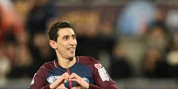 Paris Saint-Germain's Argentinian forward Angel Di Maria celebrates scoring his team's second goal during the French League Cup final football match between Monaco (ASM) and Paris Saint-Germain (PSG) at The Matmut Atlantique Stadium in Bordeaux, southwestern France on March 31, 2018\u002E  / AFP PHOTO / Nicolas TUCAT