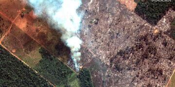 In this Aug 15, 2019 satellite image provided by Satellite image ©2019 Maxar Technologies, shows fires burning in the State of Rondonia, Brazil, in the upper Amazon River basin\u002E Brazil's National Institute for Space Research, a federal agency monitoring deforestation and wildfires, said the country has seen a record number of wildfires this year, an 84 percent increase compared to the same period last year\u002E The states that have been most affected by fires this year are Mato Grosso, Para and Amazonas, all in the Amazon region\u002E (Satellite image ©2019 Maxar Technologies via AP)