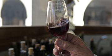copa de vino\r\n\r\nTO GO WITH AFP STORY BY FREDDY BERNARDEZ\r\nEnologist Carmelo Panella evaluates the appearance of a sample of red wine during a lab test at Bodegas Lopez winery in Maipu, 16 km from Mendoza, in the Argentine western province of the same name, on July 15, 2011\u002E Argentina's wine route, which covers around 2000 km across several provinces though mainly in Mendoza and San Juan, is one of the main tourist attractions in Argentina -- the world's fifth producer and eighth exporter\u002E   AFP PHOTO/ALEJANDRO PAGNI mendoza  bodega Lopez industria vitivinicola