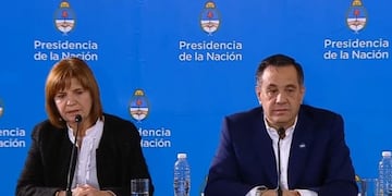 La ministra de Seguridad, Patricia Bullrich, y su par de Educación, Alejandro Finocchiaro\u002E Crédito: Captura de video\u002E