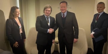 El presidente Javier Milei junto al canciller británico David Cameron en Davos.