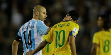 Argentina's Javier Mascherano, left, greets Brazil's Neymar, at the end of a 2018 World Cup qualifying soccer match in Buenos Aires, Argentina, Friday, Nov\u002E 13, 2015\u002E The match ended 1-1\u002E (AP Photo/Natacha Pisarenko) buenos aires javier mascherano Neymar futbol eliminatorias mundial 2018 futbol futbolistas partido seleccion argentina brasil