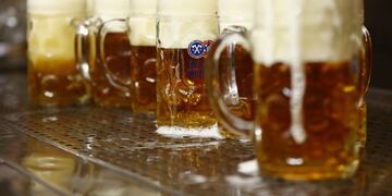 Pints of frothy Hacker-Pschorr beer sit on a bar drainage tray inside the Paulaner Brauerei GmbH 'Hackerzelt' beer tent at the Oktoberfest in Munich, Germany, on Thursday, Sept\u002E 26, 2019\u002E Almost 8 million liters, enough to fill more than three Olympic-sized swimming pools, flow from 28,000-liter tanks and into the bellies of roughly 6 million revelers at Munich’s annual Oktoberfest\u002E Photographer: Michaela Handrek-Rehle/Bloomberg