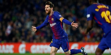 FC Barcelona's Lionel Messi celebrates after scoring during the Spanish La Liga soccer match between FC Barcelona and Girona at the Camp Nou stadium in Barcelona, Spain, Saturday, Feb\u002E 24, 2018\u002E (AP Photo/Manu Fernandez)
