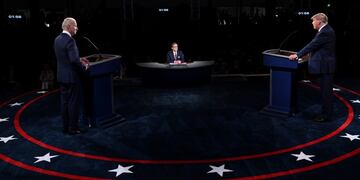 President Donald Trump and Democratic presidential candidate former Vice President Joe Biden participate in the first presidential debate Tuesday, Sept\u002E 29, 2020, at Case Western University and Cleveland Clinic, in Cleveland\u002E (Olivier Douliery/Pool vi AP)