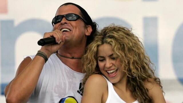FILE - In this July 20, 2008 file photo, Colombian singers Shakira, right, and Carlos Vives perform during a