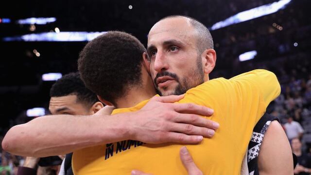 SAN ANTONIO, TX - MAY 22: Stephen Curry #30 of the Golden State Warriors hugs Manu Ginobili #20 of the San Antonio Spurs after the Golden State Warriors defeated the San Antonio Spurs 129-115 in Game Four of the 2017 NBA Western Conference Finals at AT&T Center on May 22, 2017 in San Antonio, Texas. The Golden State Warriors defeat the San Antonio Spurs 4-0 in the Western Conference Finals to advance to the 2017 NBA Finals. NOTE TO USER: User expressly acknowledges and agrees that, by downloading and or using this photograph, User is consenting to the terms and conditions of the Getty Images License Agreement.   Ronald Martinez/Getty Images/AFPn== FOR NEWSPAPERS, INTERNET, TELCOS & TELEVISION USE ONLY ==