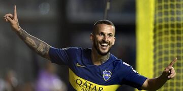 Argentina's Boca Juniors forward Dario Benedetto celebrates after scoring agaisnt Colombia's Deportes Tolima during a Copa Libertadores 2019 group G football match at the \