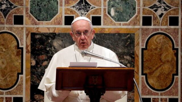 Pope Francis delivers his speech to diplomats accredited to the Holy See, during an audience for the traditional exchange of New Year greetings, in the \