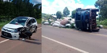 Camión que transportaba yerba volcó luego de que un auto lo impactara por detrás