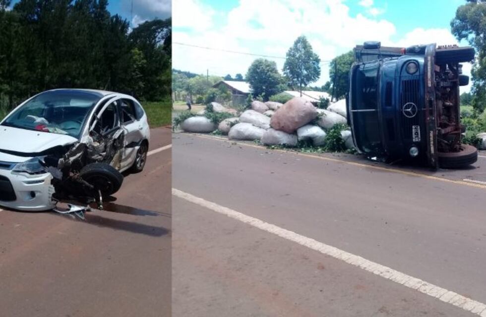 Camión que transportaba yerba volcó luego de que un auto lo impactara por detrás