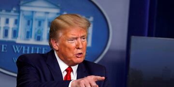 April 20, 2020 - Washington, DC USA: U\u002ES\u002E President Donald Trump speaks during a news conference at the White House in Washington D\u002EC\u002E, U\u002ES\u002E on Monday, April 20, 2020\u002E  (POLARIS)