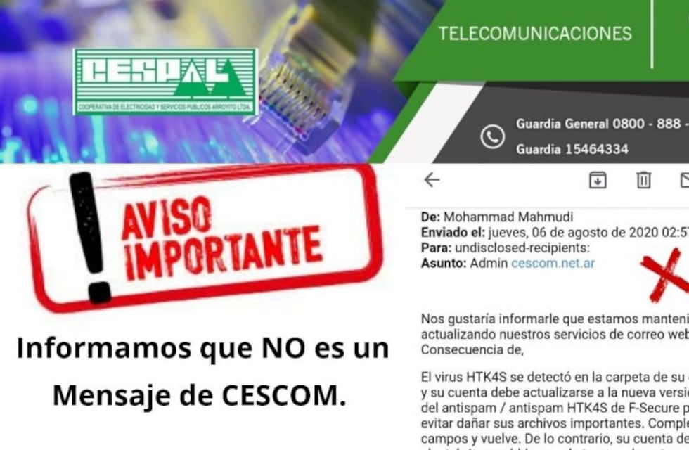 Envían un mensaje falso pidiendo datos a socios de Cescom en Arroyito
