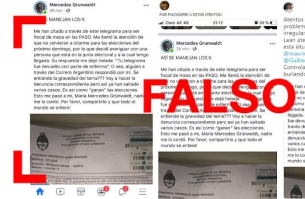 Es falso que una mujer no será presidente de mesa porque alguien devolvió su telegrama con parte de enfermo