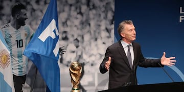Handout picture released by Argentina's Presidency showing Argentinian President Mauricio Macri speaking after receiving the FIFA Living Football Award in Zurich on June 30, 2019\u002E (Photo by HO / Argentinian Presidency / AFP) / RESTRICTED TO EDITORIAL USE - MANDATORY CREDIT \