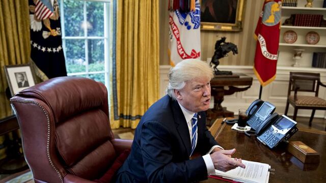 U.S. President Donald Trump speaks during an interview in the Oval Office of the White House in Washington, D.C., U.S., on Monday, May 1, 2017. Trumpu00a0said he would meet with North Korean leaderu00a0Kim Jong Unu00a0amid heightened tensions over his country's nuclear weapons program if the circumstances were right. Photographer: Andrew Harrer/Bloomberg