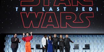 Josh Gad, Daisy Ridley, Kelly Marie Tran, Mark Hamill, Katheen Kennedy and Rian Johnson attend the Star Wars: The Last Jedi panel during the 2017 Star Wars Celebration at Orange County Convention Center on April 14, 2017 in Orlando, Florida.nDisney debute