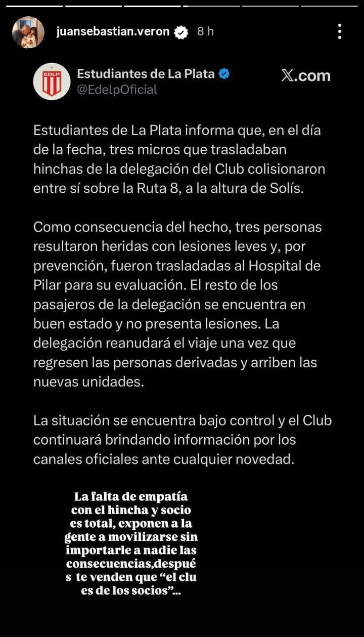 Posteo de Juan Sebastián Verón, presidente de Estudiantes después del accidente de colectivos que llevaban hinchas a la final con Racing en Santiago del Estero