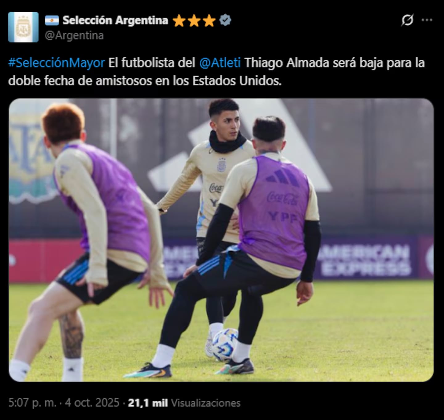 Thiago Almada no podrá estar presente en los amistosos ante Puerto Rico y Venezuela.