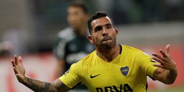 Carlos Tevez of Argentina's Boca Juniors celebrates after scoring against Brazil's Palmeiras, during a Copa Libertadores soccer match in Sao Paulo, Brazil, Wednesday, April 11, 2018\u002E (AP Photo/Andre Penner) san pablo brasil carlos tevez futbol copa libertadores 2018 futbol futbolistas palmeiras boca juniors