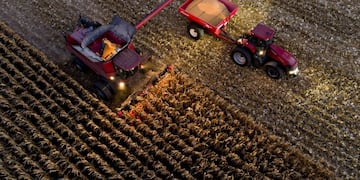 Corn is harvested with a Case IH Agricultural Equipment Inc\u002E combine harvester in this aerial photograph taken above Princeton, Illinois, U\u002ES\u002E, on Monday, Oct\u002E 9, 2017\u002E Corn futures for December delivery gained 0\u002E1% a bushel on Chicago Board of Trade\u002E Photographer: Daniel Acker/Bloomberg eeuu  cosecha de maiz cosechadora combinada Case IH Agricultural Equipment campo campos sembrados cosechadora maquinas agricolas