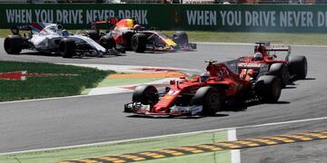 Ferrari driver Kimi Raikkonen of Finland leads Ferrari driver Sebastian Vettel of Germany during the Italian Formula One Grand Prix, at the Monza racetrack, Italy, Sunday, Sept\u002E 3, 2017\u002E (AP Photo/Luca Bruno)