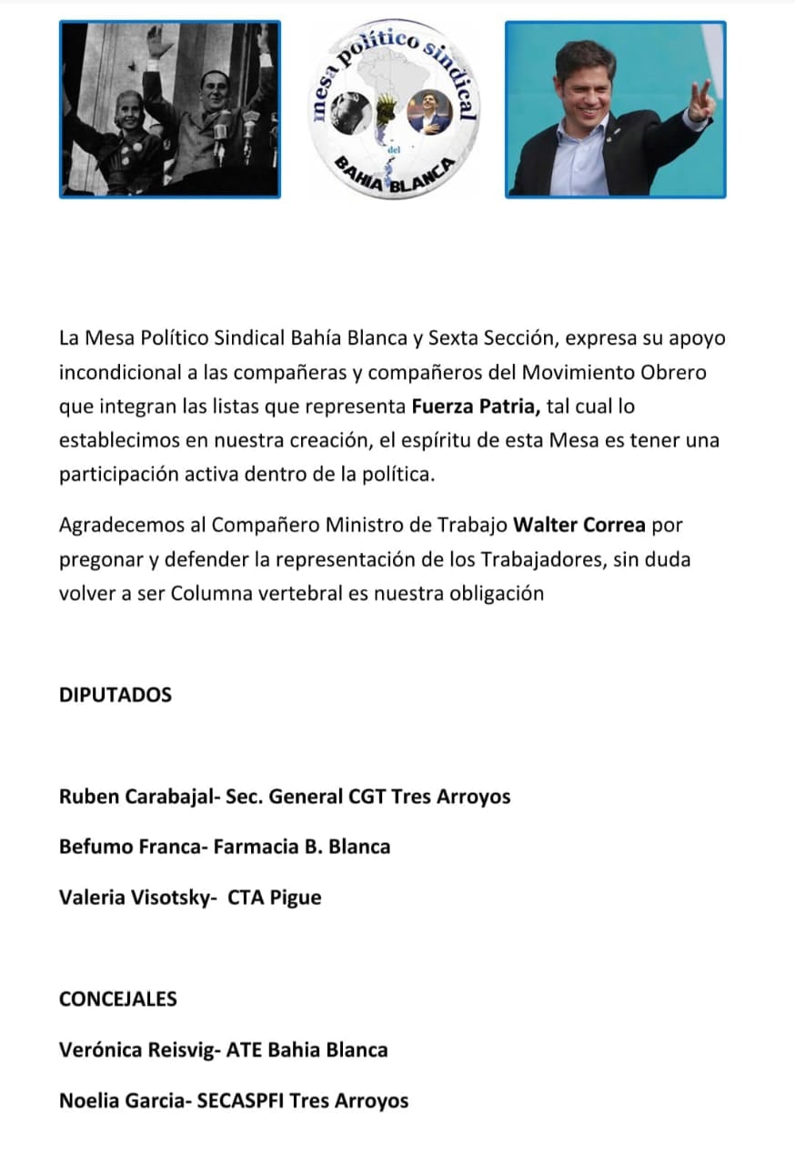 La Mesa Político Sindical de Bahía Blanca acompañan a Rubén Carbajal y Noelia García en sus candidaturas