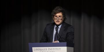 El presidente de Argentina, Javier Milei, habla después de recibir el Premio Roepke para la Sociedad Civil 2025 del Instituto Liberal durante una ceremonia de entrega de premios en el centro de congresos en Kloten, Suiza, el 24 de enero de 2025. Foto: EFE/EPA/ENNIO LEANZA