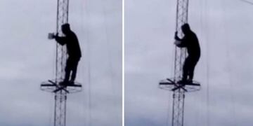 Hombre reclama desde la antena de la municipalidad de Las Heras