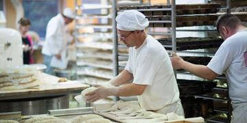 TO GO WITH STORY GERMANY-LIFESTYLE-FEATURE-BREAD\r\nA master baker Steffen Haensch prepares the potato bread at the bakery Plentz on July 1, 2013 in Schwante\u002E AFP PHOTO / JOHANNES EISELE\r\n alemania panificadora panificacion pan
