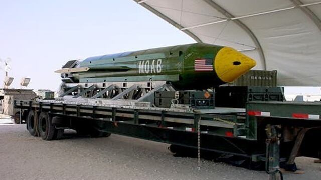 This photo provided by Eglin Air Force Base shows the GBU-43/B Massive Ordnance Air Blast bomb. The Pentagon says U.S. forces in Afghanistan dropped the military's largest non-nuclear bomb on an Islamic State target in Afghanistan. A Pentagon spokesman said it was the first-ever combat use of the bomb, known as the GBU-43, which he said contains 11 tons of explosives. The Air Force calls it the Massive Ordnance Air Blast bomb. Based on the acronym, it has been nicknamed the