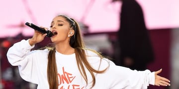 In this photograph released by One Love Manchester on June 4, 2017, US musician Ariana Grande performs at the One Love Manchester benefit concert for the families of the victims of the May 22, Manchester terror attack, at Emirates Old Trafford in Greater Manchester on June 4, 2017. / AFP PHOTO / One Love Manchester / Dave Hogan for One Love Manchester / RESTRICTED TO EDITORIAL USE - MANDATORY CREDIT