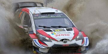 Estonian pilot Ott Tanak and co pilot Martin Jarveoja drive their Toyota Yaris WRC as they compete in the Sweet Lamb stage of the Wales Rally GB, the 12th round of the FIA World Rally Championship, in north west Wales on October 5, 2019\u002E (Photo by GEOFF CADDICK / AFP)