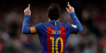 FC Barcelona's Lionel Messi celebrates after scoring during the Spanish La Liga soccer match between FC Barcelona and Athletic Bilbao at the Camp Nou in Barcelona, Spain, Saturday, Feb. 4, 2017. (AP Photo/Manu Fernandez)
