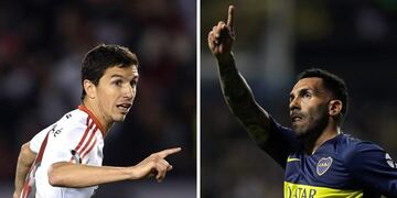 (COMBO) This combination of pictures created on March 5, 2020 shows Argentina's River Plate midfielder Ignacio Fernandez (L) celebrating after scoring the team's sixth goal against Bolivia's Wilstermann during their Copa Libertadores quarterfinals second leg football match at the Monumental stadium in Buenos Aires on September 21, 2017, and another showing Boca Juniors' forward Carlos Tevez celebrating after scoring a goal against Tigre during an Argentina's First Division Superliga match at La Bombonera stadium, in Buenos Aires on November 3, 2018\u002E - The Argentina Superliga will have a new champion on March 7, 2020, with both River Plate and Boca Juniors having chances of being crowned\u002E River, with 46 points, will visit Tucuman, while Boca, with 45 points, plays at home against Gimnasia\u002E (Photo by Juan MABROMATA and Alejandro PAGNI / AFP)