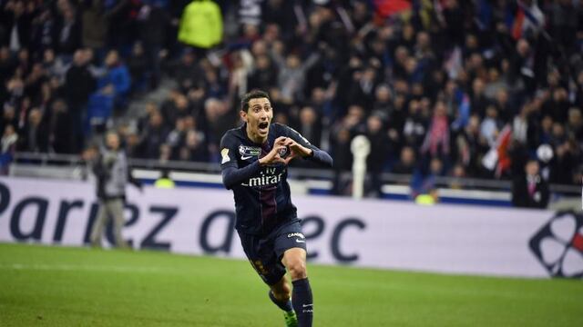 Paris Saint-Germain's Argentinian forward Angel Di Maria celebrate after scoring a goal during the French League Cup final football match between Paris Saint-Germain (PSG) and Monaco (ASM) on April 1, 2017, at the Parc Olympique Lyonnais stadium in Decine