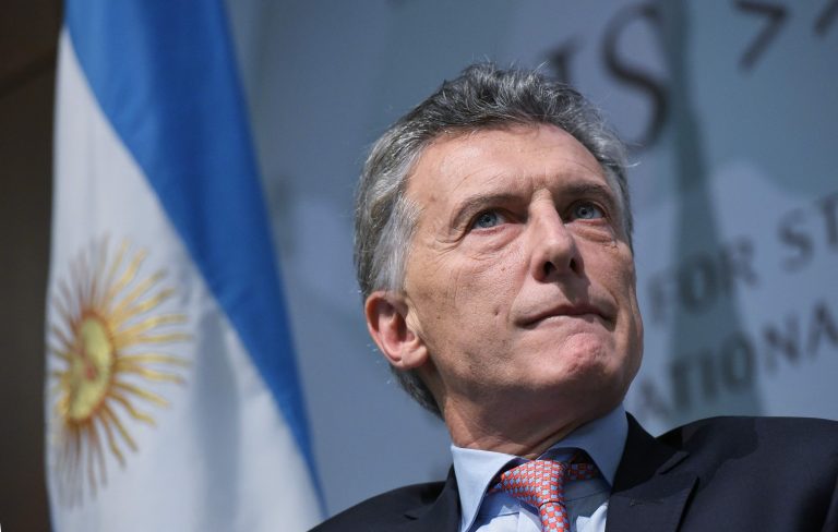 Argentina's President Mauricio Macri speaks during a forum on Argentina at The Center for Strategic and International Studies (CSIS) on April 27, 2017 in Washington, DC. / AFP PHOTO / MANDEL NGAN