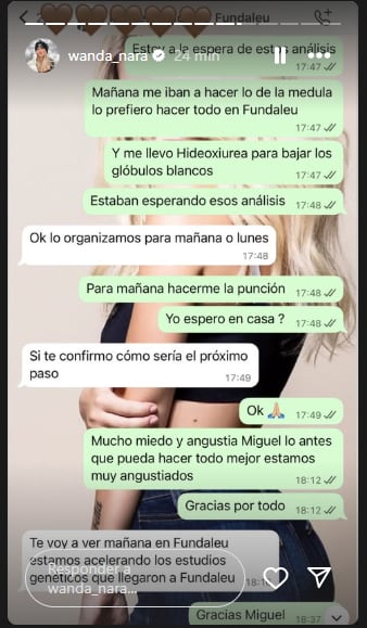 Wanda Nara mostró los chats con su médico por su enfermedad