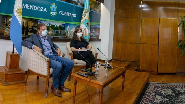 El gobernador de Mendoza, Rodolfo Suarez y la ministrad e Salud provincial Ana María Nadal en plena conferencia con el presidente Fernández. Archivo