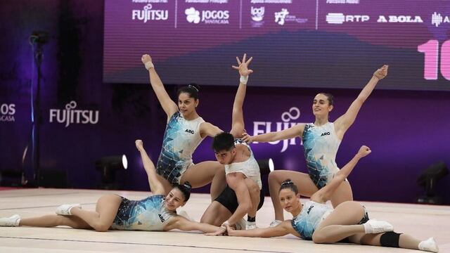 Los mendocinos Kevin Riveros, Gala Jofré, Ignacio Domínguez, Guadalupe Méndez, Guadalupe González y Valentina Oros, Mundial Fig de Gimnasia Aeróbica Deportiva