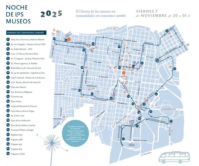 El recorrido de los colectivos gratis para la Noche de los Museos 2025 en Córdoba.