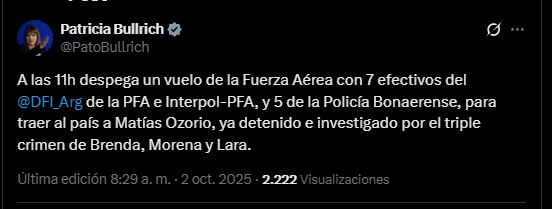 Patricia Bullrich confirmó cómo será el traslado de Matías Ozorio a Argentina