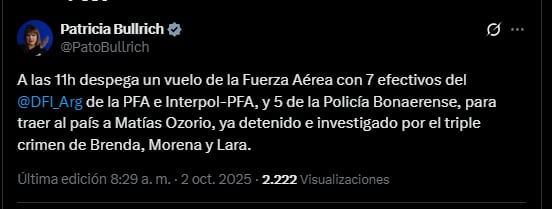 Patricia Bullrich confirmó cómo será el traslado de Matías Ozorio a Argentina