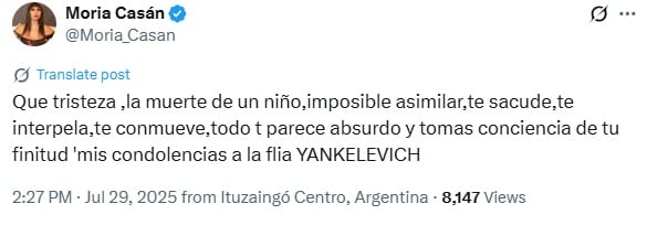 Moria Casán sobre la triste partida de Mila.