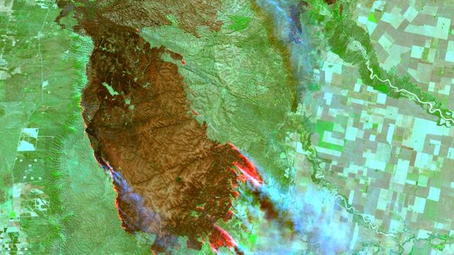 Vista del área afectada por los incendios en la zona de Alpa Corral, en el límite de Córdoba con la provincia de San Luis. (Producto CONAE 2020)