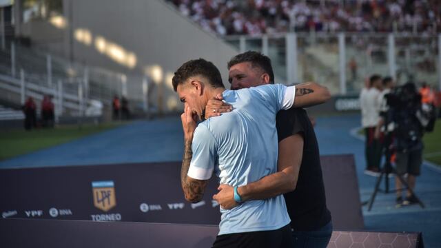 El Luifa Artime y Pablo Vegetti en la previa del partido con River. Goleadores de Belgrano (La Voz).